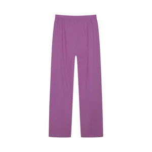 Paarse wijde casual broek gedetailleerd overzicht, comfortabele katoen linnen stof, hoge taille.
