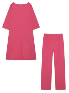 Dames katoen en linnen casual lange mouw onregelmatige top wijde broek set roze