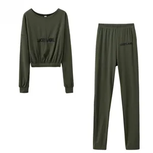Women green ribbed tracksuit casual two piece set long sleeve top and leggings set