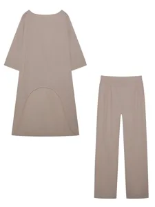 Casual katoen linnen grote maat asymmetrische top en wijde broek tweedelig setje