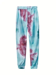 Detailansicht der blau rosa Batik Freizeit-Jogginghose mit elastischem Bund und Bündchen.