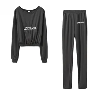 Women Ribbed Tracksuit Long Sleeve Top and Pants Set Casual Loungewear Two Piece Outfit