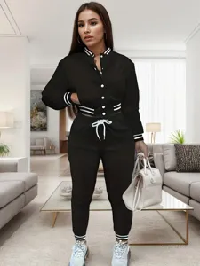 Tuta Sportiva da Donna in Poliestere Tinta Unita Con Giacca da Baseball Top And Bottom Set Casual Monopetto Sportivo