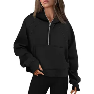 Women black quarter zip cropped hoodie long sleeve fleece sweatshirt casual pullover top