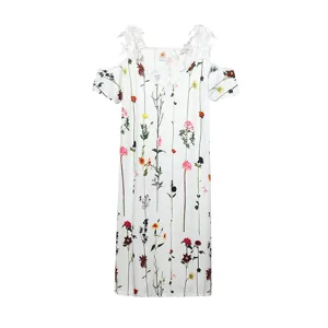 Detail shot of off-the-shoulder floral print short sleeve dress with delicate lace trim.