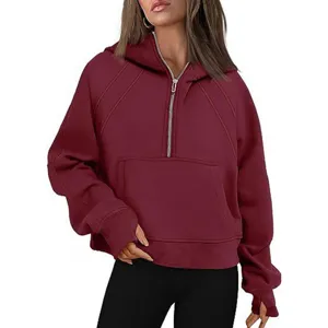 Women half-zip fleece cropped hoodie casual stylish long sleeve active sweatshirt