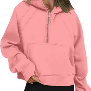 Women Pink Half Zip Cropped Fleece Hoodie Casual Long Sleeve Sweatshirt Fall Winter Top
