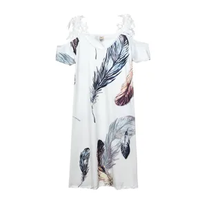 Summer women's off-shoulder feather print short sleeve dress with delicate lace trim details.