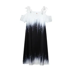 Detail of the women's off-shoulder short sleeve dress with lace trim and gradient print.