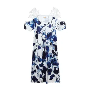 Summer blue white floral cold shoulder dress with elegant lace strap short sleeve design.