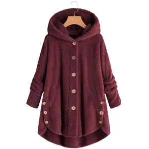 Women Winter Warm Sherpa Fleece Hooded Coat Long Sleeve Button Up Casual Outerwear