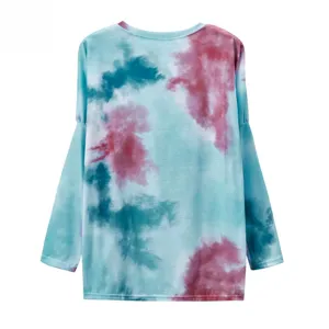Detail view of the colorful tie-dye long sleeve top back, casual style fabric pattern.