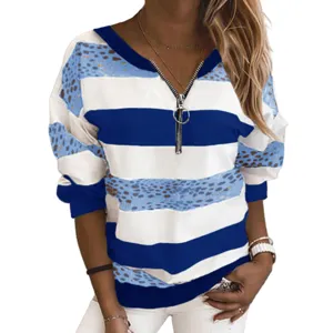 Damen V-Ausschnitt Gestreift Langarm Sweatshirt Freizeit Lose Pullover Top mit Reißverschluss