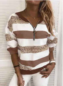 Damen V-Ausschnitt Reißverschluss Sweatshirt gestreift Leopard Print Langarm Pullover