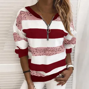 Damen Herbst V-Ausschnitt Gestreift Leopard Druck Reißverschluss Freizeit Sweatshirt
