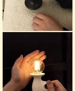 Vista dettagliata della lampada LED ricaricabile via USB con lampadina vintage e touch.