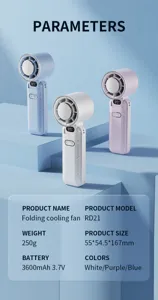 Dettaglio ventilatore di raffreddamento pieghevole portatile, mini ventilatore elettrico con display.