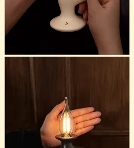 Primo piano dettagli della lampada a candela LED vintage, luce notturna touch ricaricabile.