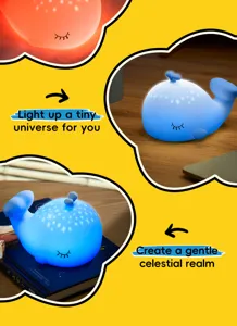 Détail veilleuse baleine en silicone avec projection étoilée douce, lampe de déco.