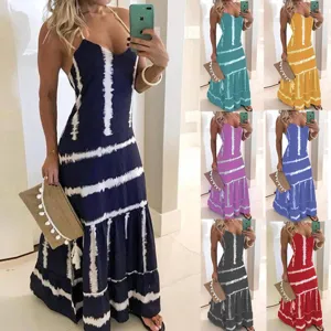 Women's Sexy Halter Neck Maxi Dress Horizontal Stripe Print Backless Sleeveless Polyester Slim Fit Long Floor Length Sun Dress