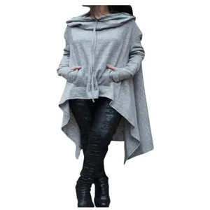 Women Asymmetric Long Sleeve Hoodie Casual Solid Color Drawstring Pocket Sweatshirt