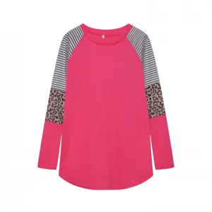 Women long sleeve raglan t shirt pink colorblock leopard stripe casual top detail view