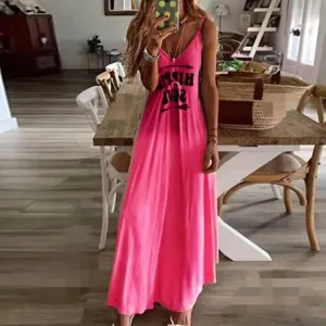 Summer casual women long slip dress with pink letter print aesthetic style dress daily wear
