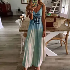 Summer casual long slip dress detail, V-neck gradient design with chest print for women.
