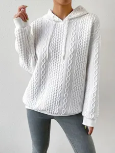 Women Casual Plus Size Cable Knit Hooded Sweatshirt Long Sleeve Autumn Pullover Top