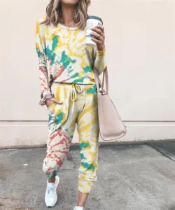 Womens tie dye long sleeve sweatshirt and sweatpants casual two piece tracksuit set.