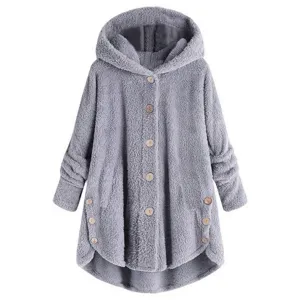 Cozy gray fleece hooded cardigan featuring wooden buttons, warm winter outerwear for women.