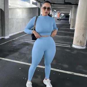 Women casual activewear two-piece set long sleeve crop top and leggings light blue