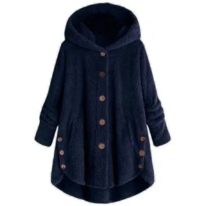Detailed view of cozy dark blue fuzzy fleece hooded coat with stylish wooden buttons.