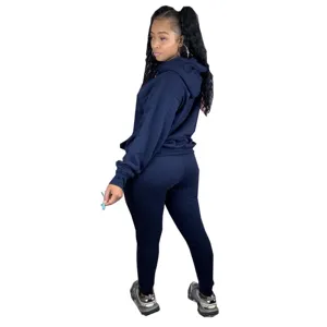 Einfarbiger Langarm Kapuzenpullover und Leggings Trainingsanzug Set, Alltag Casual Detail.