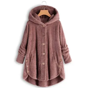 Oversized fuzzy hooded fleece cardigan coat for women with wooden buttons and pockets.