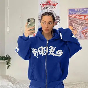 Damen Streetwear Blau Reißverschluss Kapuzenpullover Gothic Print Lässige Langarm Sweatshirt