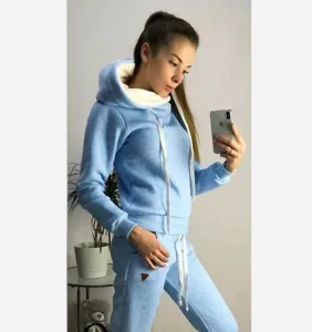 Women fleece tracksuit casual long sleeve hooded sweatshirt sweatpants set winter light blue