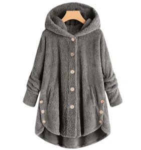 Detail shot of grey plush fleece hooded cardigan with wooden buttons and long sleeves.