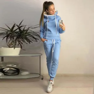 Women fleece tracksuit autumn winter long sleeve hooded sweatshirt and sweatpants set blue