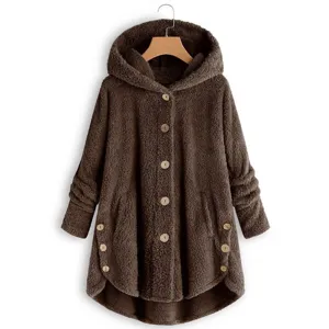 Women brown fleece hoodie winter warm thermal fluffy coat with buttons casual outerwear