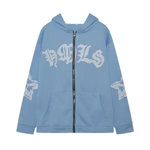 Damen blaue Streetwear Kapuzenjacke mit Reißverschluss, gotischen Buchstaben und Sternen.