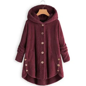 Burgundy plush fleece hooded cardigan jacket featuring front wooden buttons and warm fabric.