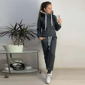 Women's Fleece Hooded Tracksuit Casual Long Sleeve Sweatshirt And Sweatpants Set