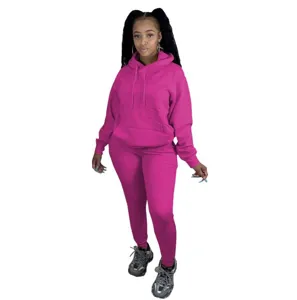 Damen einfarbiger gefütterter Kapuzenpullover Trainingsanzug zweiteilig in Pink Freizeit