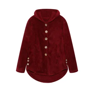 Close up of fuzzy fleece hooded jacket texture, stylish wooden buttons detail and hem design.