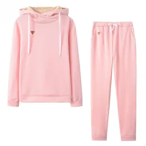Pink fleece hoodie and sweatpants set, casual long sleeve two piece tracksuit for women.