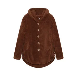 Brown fleece hooded jacket detail, soft plush fabric texture close-up with large wooden buttons.