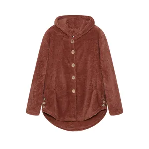Women casual fleece hooded cardigan autumn winter solid color single breasted fuzzy plush jacket