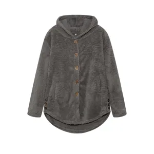 Women's gray fleece hooded jacket with front buttons and plush cozy fabric for winter.