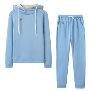 Women casual tracksuit set, light blue long sleeve hoodie and matching pants with drawstring.